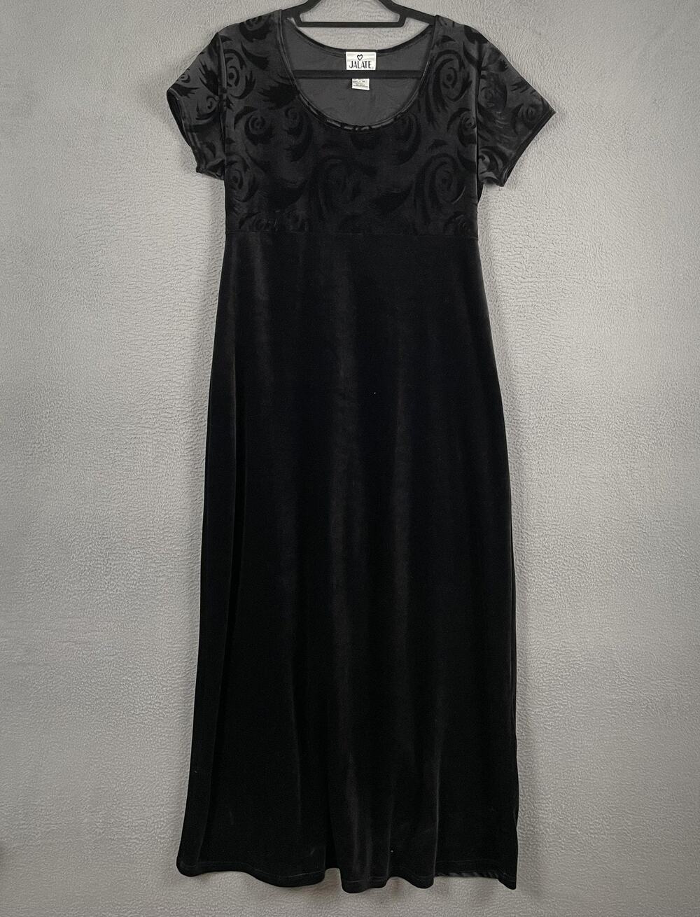 JALATE Dress Womens M Black Velvet A-Line Maxi Scoop Neck Short Sleeve Vintage